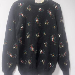 Vintage and Chic Black Floral Embroidered Sweater 100% wool!!